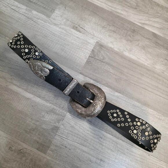 VNT Leather Western Bling Belt Cowgirl Silver Buckle Studded Large Statement main image 6